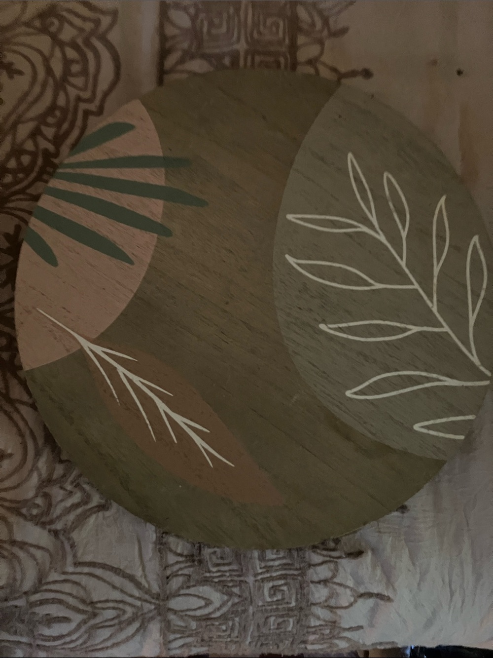 Decorative Round Wooden Wall Accent in Olive Green and Tan